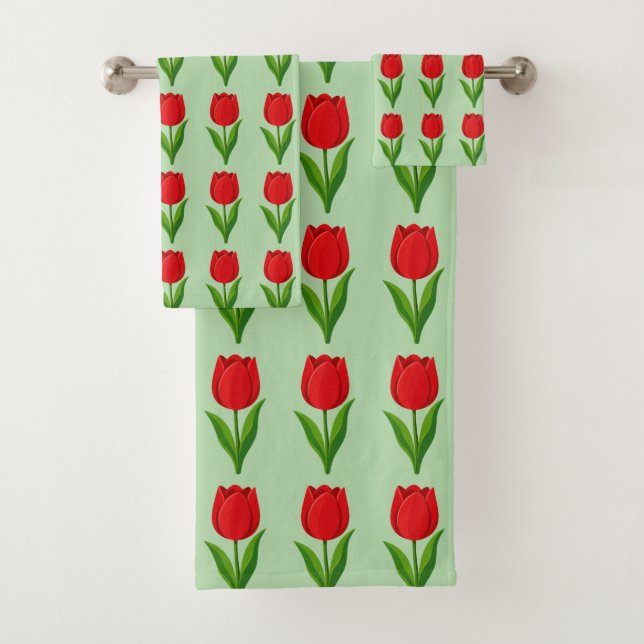 Modern Red Tulip Flower Pattern on Light Green Bath Towel Set (Insitu)