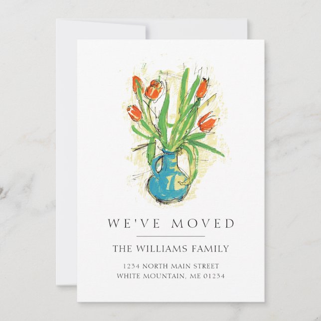 Modern Red Tulips Blue Vase Floral Moving Announcement (Front)