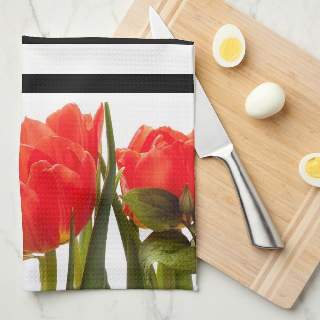 Modern Red Tulips with black Stripes Kitchen Towel (Quarter Fold)