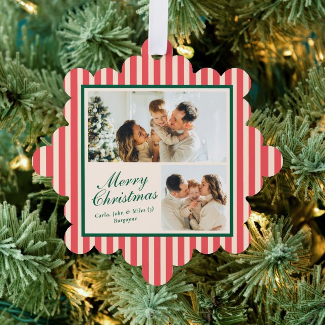 Modern Red Vertical Stripe 2 Photo Christmas Ornament Card (Insitu (Tree))