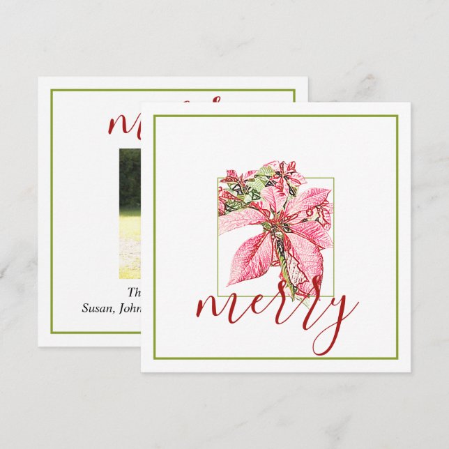 Modern Red Vintage Merry Poinsettia Holiday Flat Card (Front/Back)