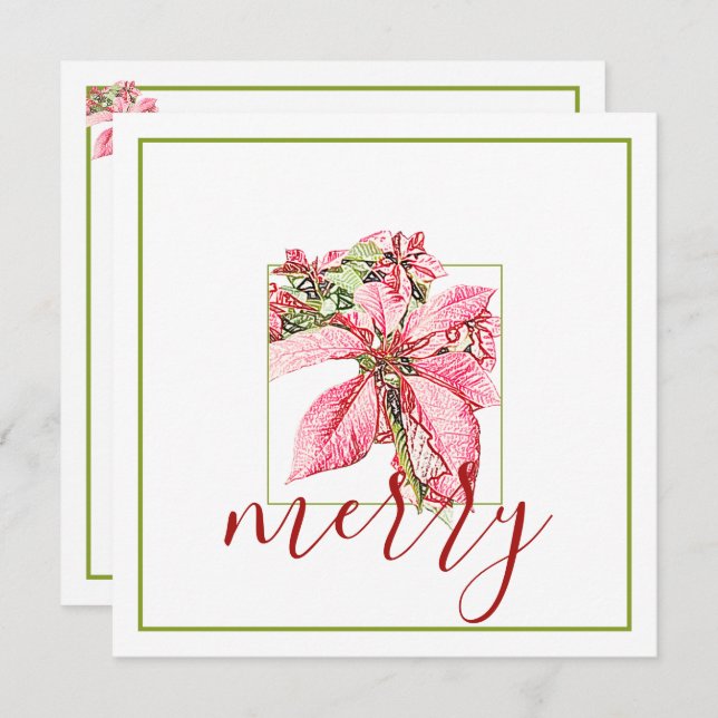 Modern Red Vintage Merry Poinsettia Holiday Flat Invitation (Front/Back)
