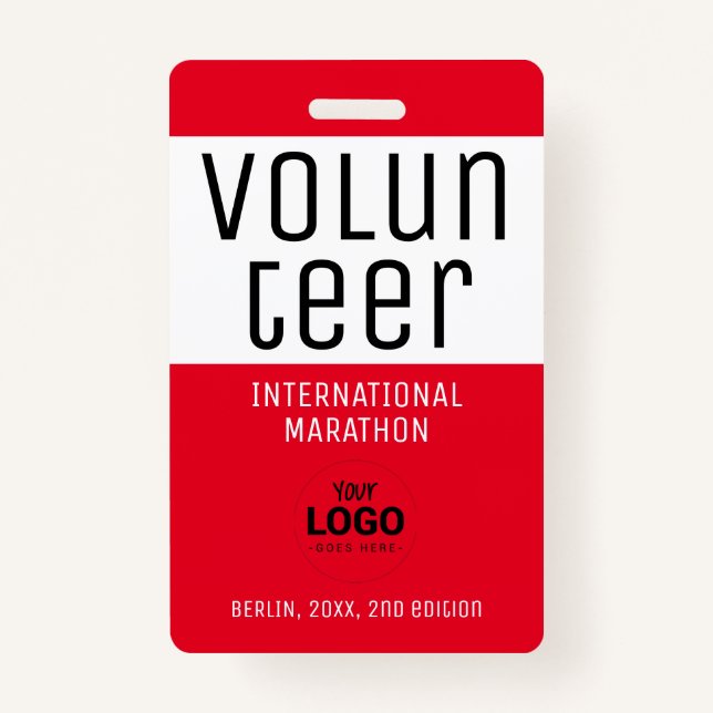 Modern Red Volunteer ID Logo QR Code Badge (Front)