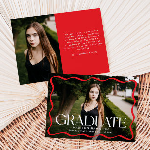 Modern Red Wavy Frame Graduate 2 Photo Graduation Announcement