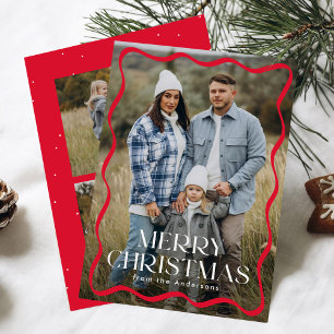 Modern Red Wavy Frame Merry Christmas 3 Photo Holiday Card
