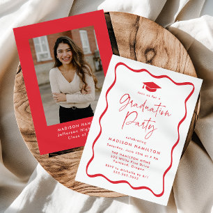 Modern Red Wavy Frame Photo Graduation Party Invitation