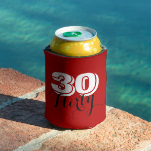 Modern Red White 30 & FLIRTY Birthday CHEERS Fun Can Cooler