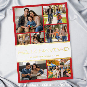 Modern Red White 7 Photo Collage Feliz Navidad Foil Holiday Card