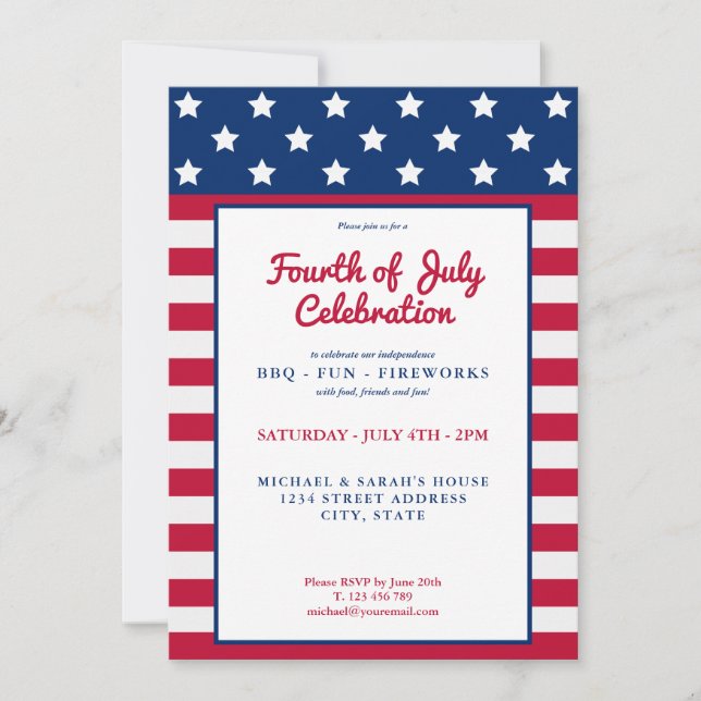 Modern Red White and Blue 4th of July Party Invitation (Front)
