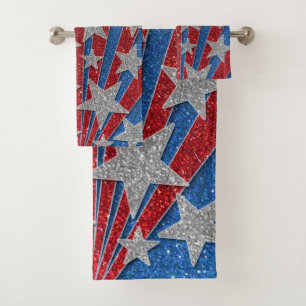 Modern Red White Blue Glitter Summer Beach Bath Towel Set