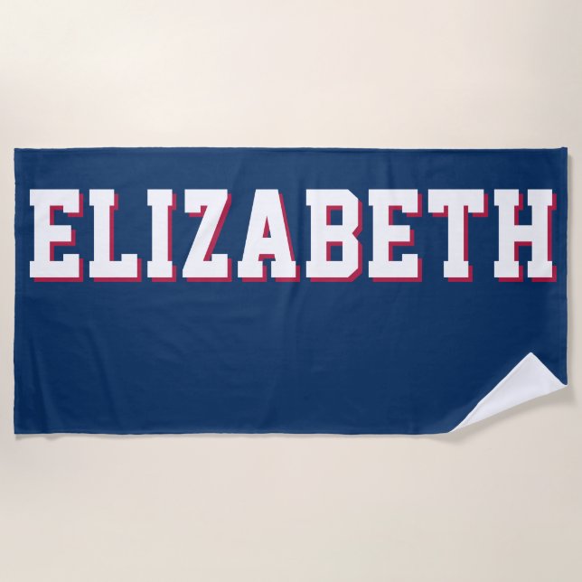 Modern Red White Blue Personalized Name Beach Towel (Front)