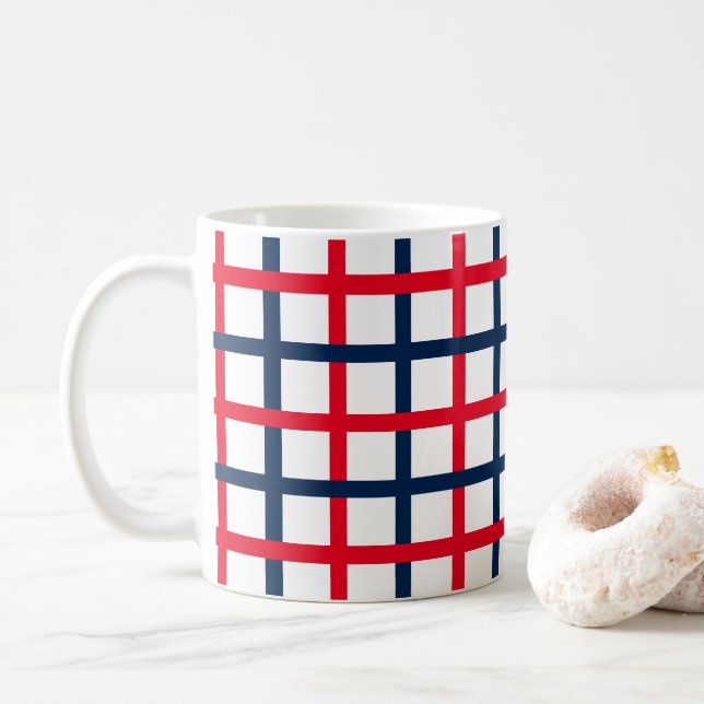 Modern red white blue plaid patriotic grid pattern coffee mug (With Donut)