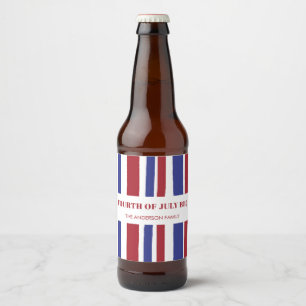 Modern Red White Blue Stripes 4th July BBQ Party Beer Bottle Label