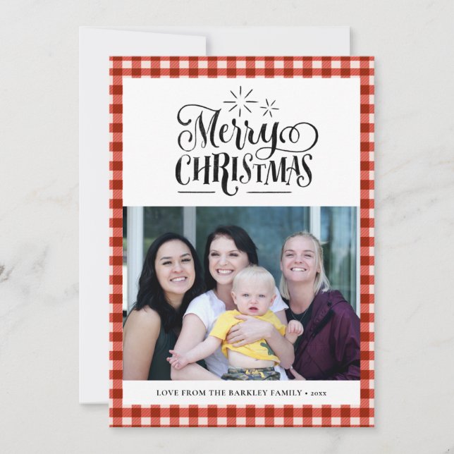 Modern Red White Buffalo Plaid Fun Script Simple Holiday Card (Front)