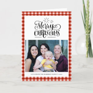 Modern Red White Buffalo Plaid Fun Script Simple Holiday Card