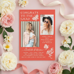 Modern Red White Butterfly Photo Graduation Party Acrylic Invitations