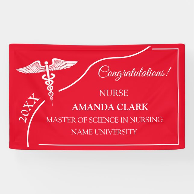 Modern Red & White Caduceus Nurse Graduation Banner (Horizontal)