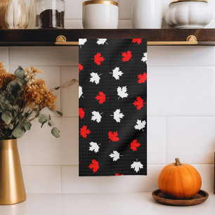 Modern Red White Canada Maple Leaf Black Pattern Kitchen Towel