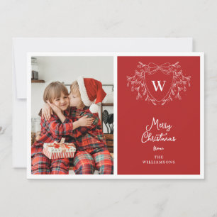 Modern red & white classy crest 2 photos holiday card
