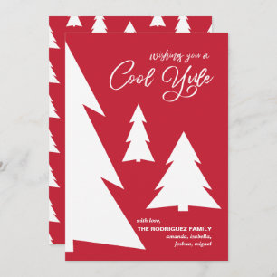 Modern Red White Cool Yule Script Geometric Trees Holiday Card