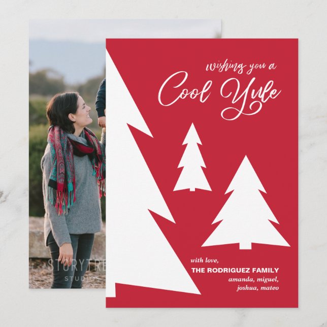 Modern Red White Cool Yule Script Trees Photo Holiday Card (Front/Back)