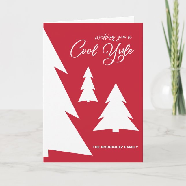 Modern Red White Cool Yule Script Trees Your Photo Holiday Card (Front)