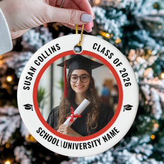 Modern Red & White Custom Photo Graduation Ceramic Ornament