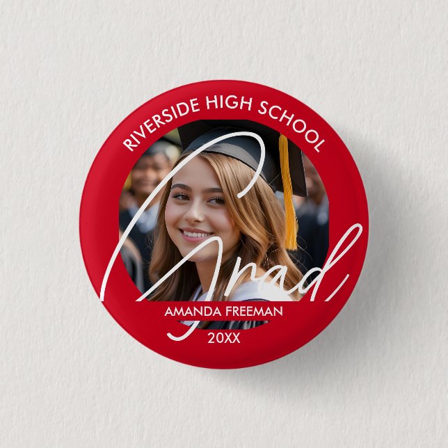 Modern Red & White Customized Graduate Photo 1 Inch Round Button (Front)