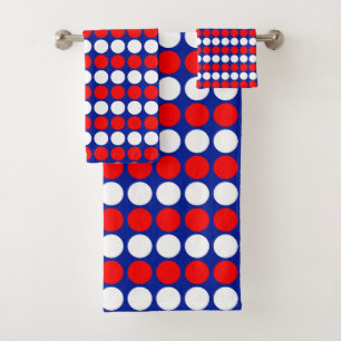 Modern Red White Dotted Stripes on Blue Bath Towel Set