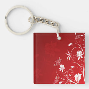 Modern Red & White Floral Keychain