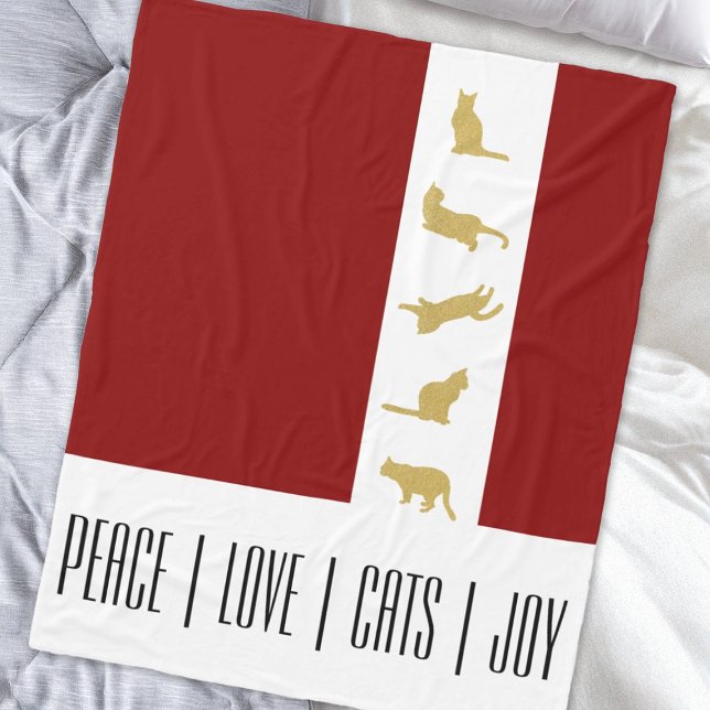 Modern Red White Gold Cat Christmas Fleece Blanket (Creator Uploaded)