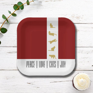 Modern Red White Gold Cat Lover Christmas Paper Plate