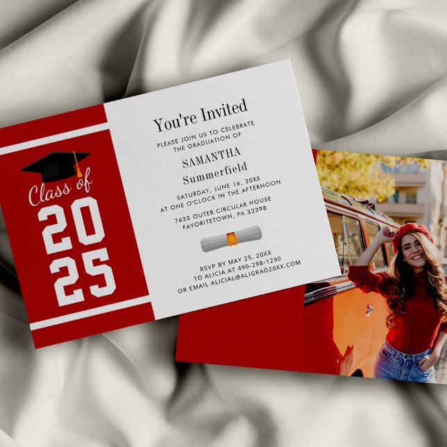 Modern Red White Grad Photo Graduation 2024 Invitation (Graduation 2025 Photo Red and White Party Invitation)