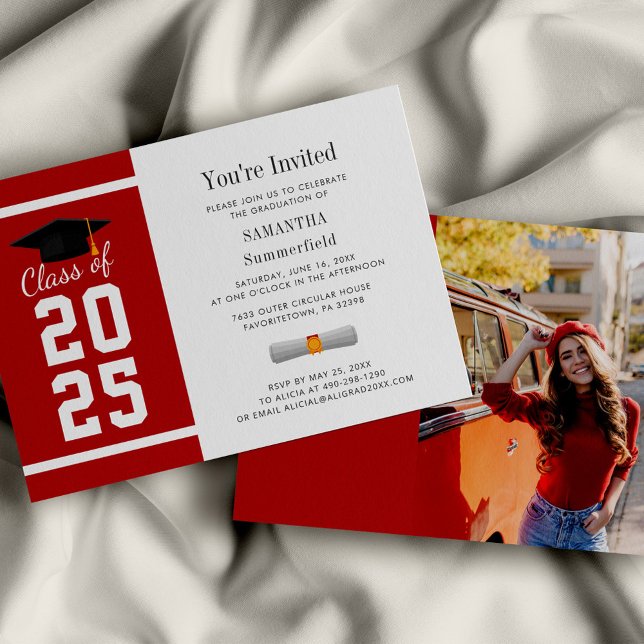 Modern Red White Grad Photo Graduation 2024 Invitation (Modern Red White Grad Photo Graduation 2025 Invitation)