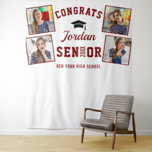 Modern Red White Graduation 4 Photo Booth Backdrop Tapestry