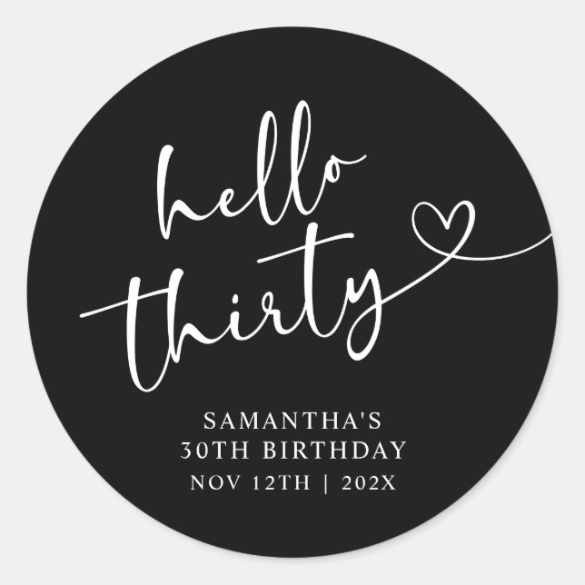 Modern Red White Hello 30th Birthday Classic Round Sticker (Front)