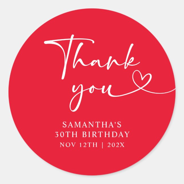 Modern Red White Hello 30th Birthday Classic Round Sticker (Front)