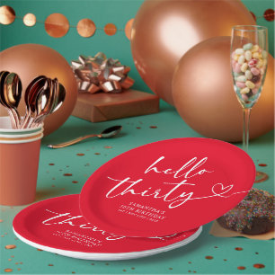 Modern Red White Hello 30th Birthday Paper Plate