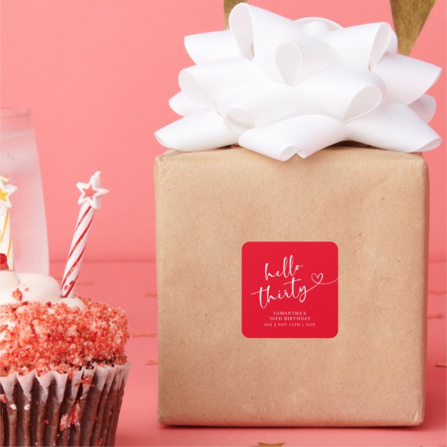 Modern Red White Hello 30th Birthday Square Sticker (Party)