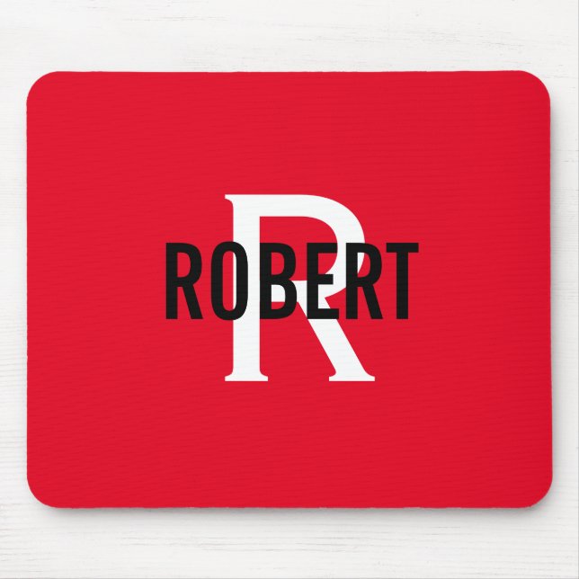 Modern red white monogram men name mouse pad (Front)