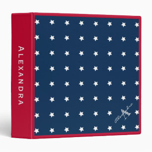 Modern Red White Navy Blue Stars Pattern Monogram Binder