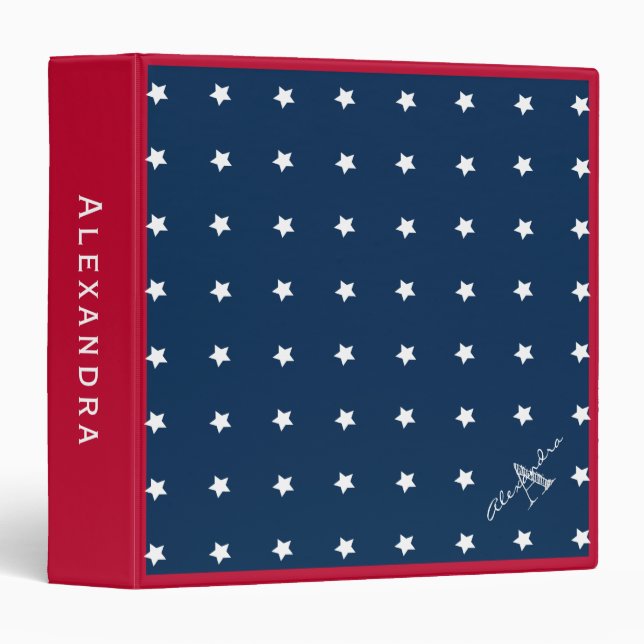 Modern Red White Navy Blue Stars Pattern Monogram Binder (Front/Spine)