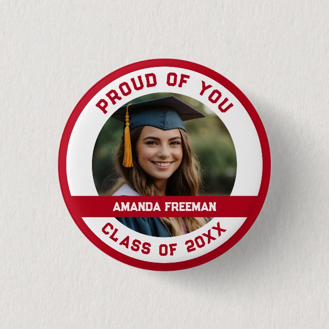 Modern Red & White Photo Customized Graduation 1 Inch Round Button (Front)