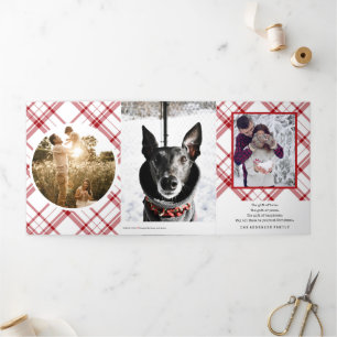 Modern Red White Plaid Eight Photo Tri-Fold Holiday Card