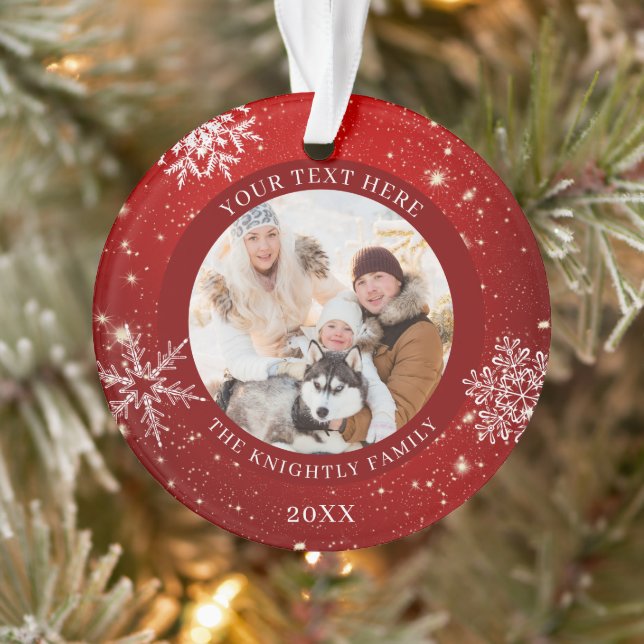 Modern Red White Snowflake Photo Personalized Ornament (Tree)