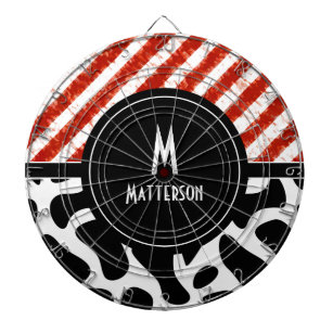 Modern Red White Stripe Black Pattern Monogram  Dartboard