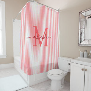 Modern Red & White Stripes Monogram Name