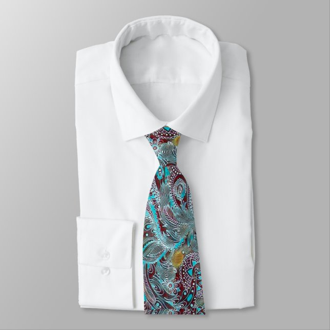 Modern Red Wine & Blue Paisley Neck Tie (Tied)