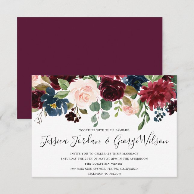 Modern Red Wine Burgundy Watercolor Wedding Invite (Front/Back)