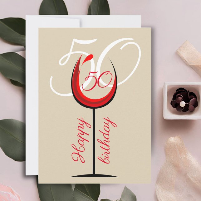 Modern Red Wine Glass 50th Birthday Card (Creator Uploaded)